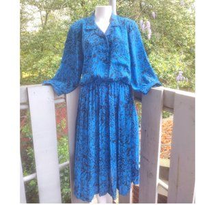 Vintage 80s 90s Retro Blue Floral Pleated Chiffon Midi Secretary Dress